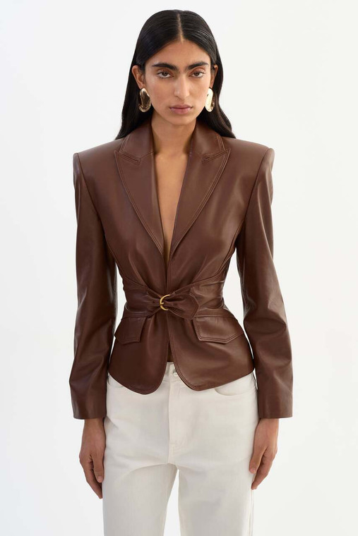 *ORDER TODAY* LAMARQUE Wiley Belted Leather Blazer in Mid Brown