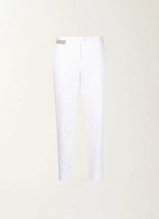 Fabiana Filippi Cropped Pants with Rhinestone Embellished Patch in White, Size 44
