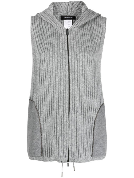 Fabiana Filippi Ribbed Knit Hooded Vest in Rock, Size 44