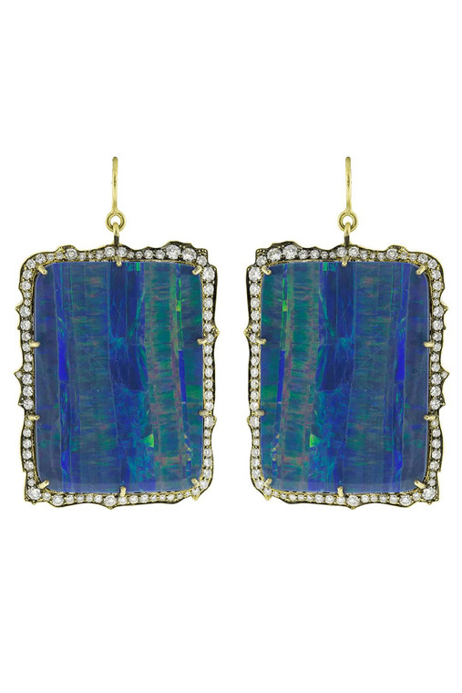*ORDER TODAY* Sylva & Cie. 18K Yellow Gold Opal and Round Brilliant Cut Diamond Drop Earrings