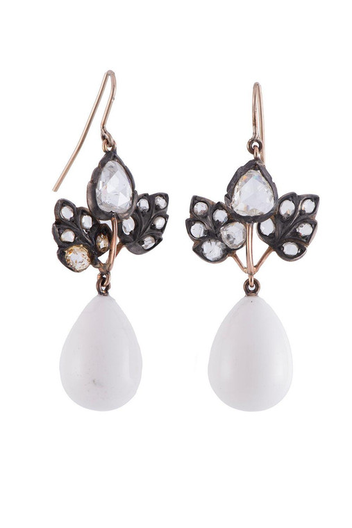 *ORDER TODAY* Sylva & Cie. 18K Rose Gold Cacholong Vintage Leaf Earrings