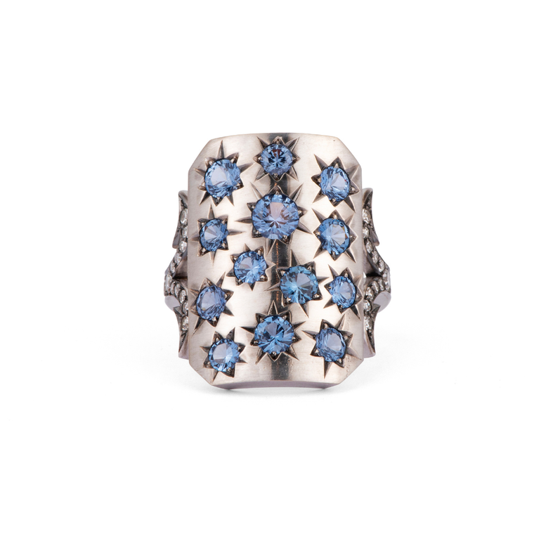 Sylva & Cie. 18K White Gold Twinkle Spinel Ten Table Ring, Size 7 1/2
