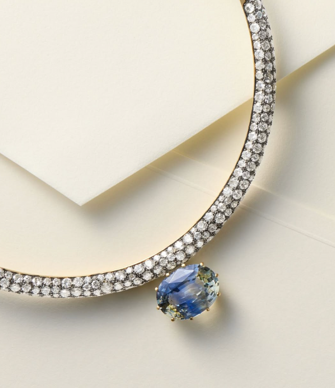 Sylva & Cie. 18K Yellow Gold Diamond Choker with Ceylon Pendant
