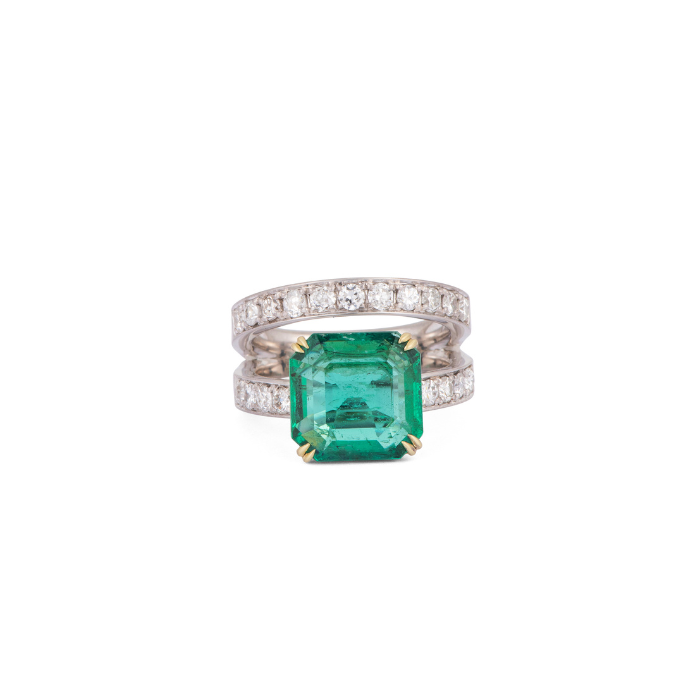 Sylva & Cie. 18K Yellow Gold/Platinum Emerald and Old European Diamond Ring, Size 7.5