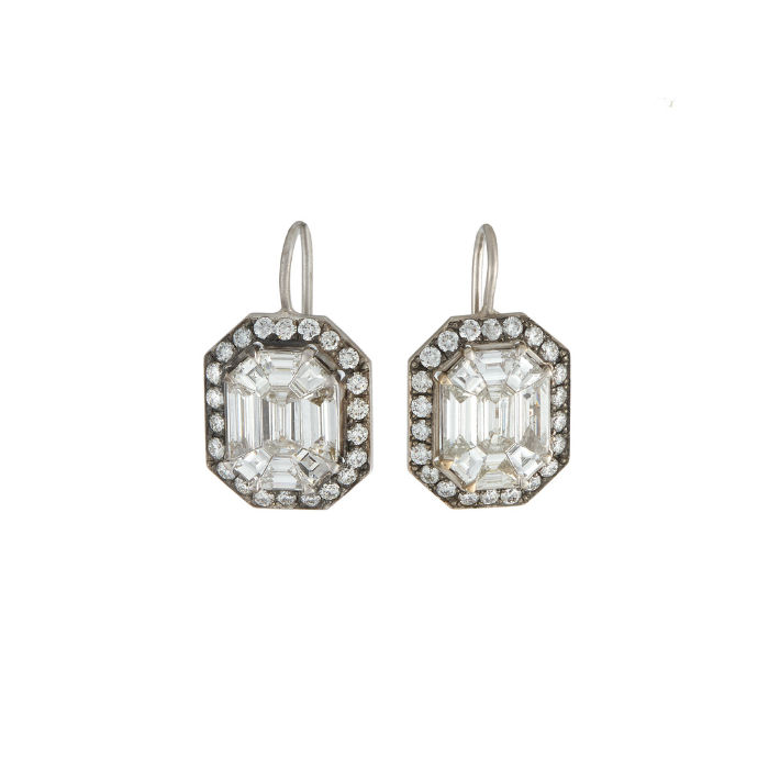 Sylva & Cie. 18K White Gold Mosaic Diamond Earrings with Diamond Border