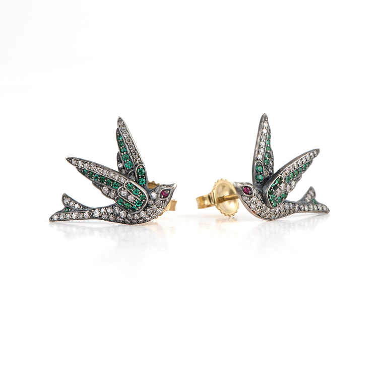 Sylva & Cie. Silver Baby Emerald Bird Earrings