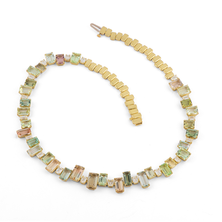 Sylva & Cie. 18K Yellow Gold Tourmaline & Emerald Cut Diamond Riviera Necklace, 16"