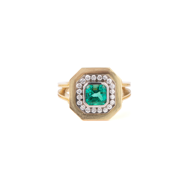 Sylva & Cie. 18K Yellow Gold/18K White Gold Colombian Emerald Renee Ring, Size 7 1/2