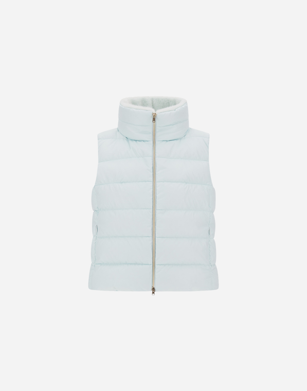 Herno Sateen Nylon Quilted Vest with Faux Fur Collar in Pale Aqua