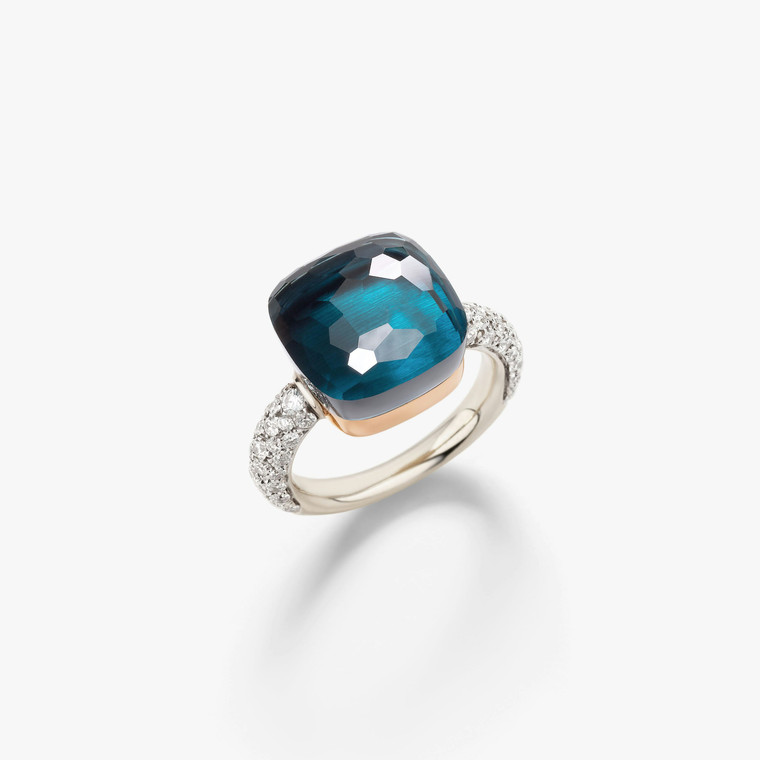 Pomellato Nudo 18K Rose and White Gold London Blue Topaz Diamond Maxi Ring, Size 57 Pomellato Nudo 18K Rose and White Gold London Blue Topaz Diamond Maxi Ring, Size 57