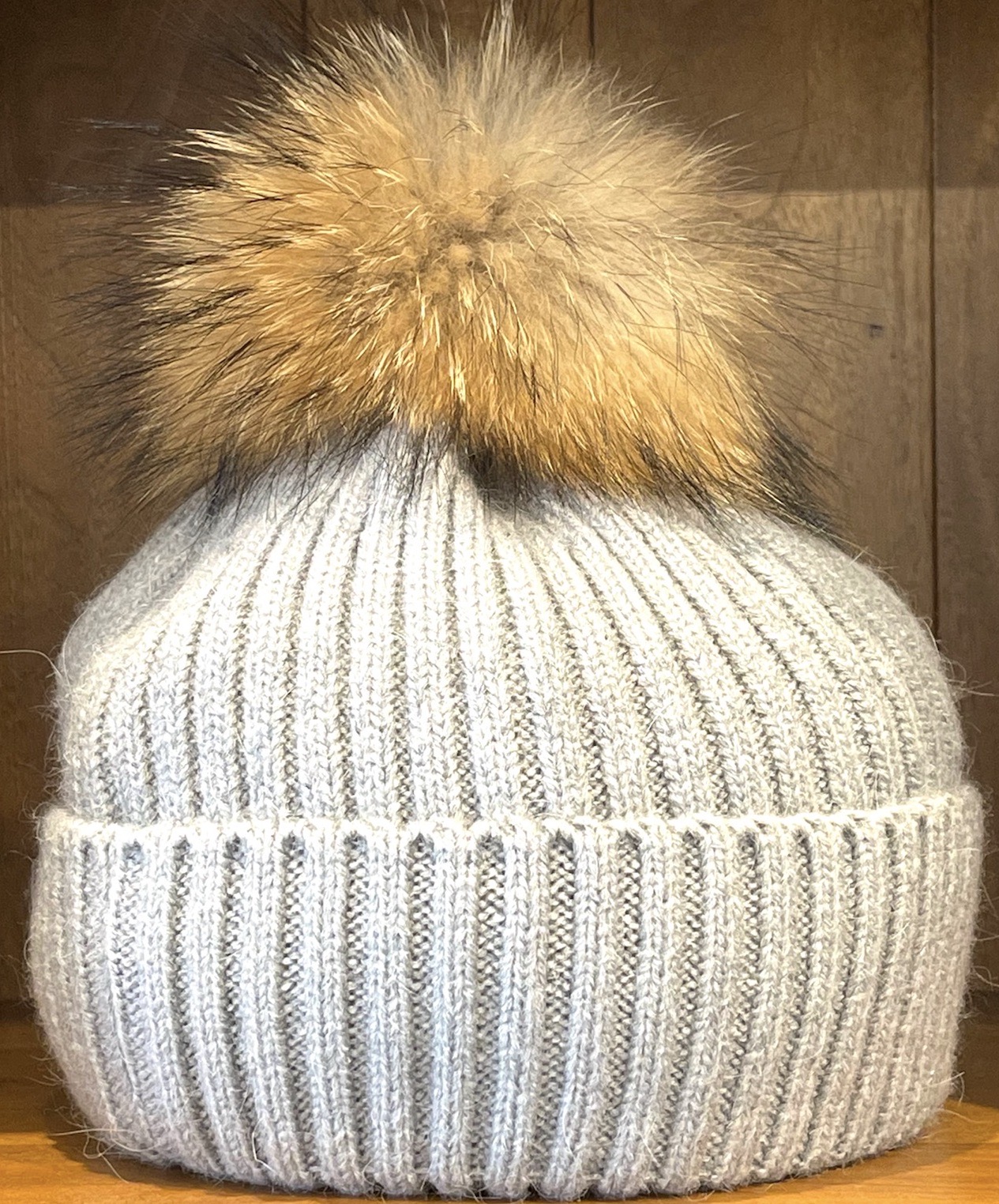 Mohair Wool Pom Knit Beanie with Tan 