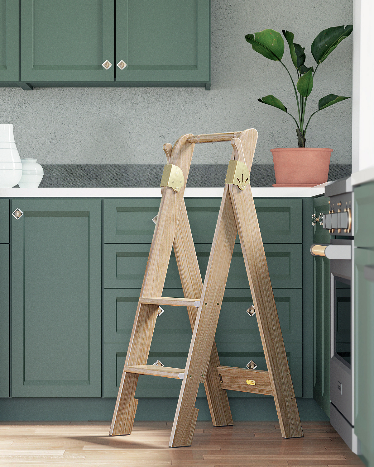 A white oak Putnam Pivot Ladder in a modern kitchen with green cabinets and grey walls