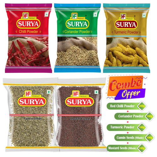 Mirchi powder 200g +      Haldi powder 100g +     Dhaniya powder 100g +   Jeera whole 100g +     Rai whole 100g