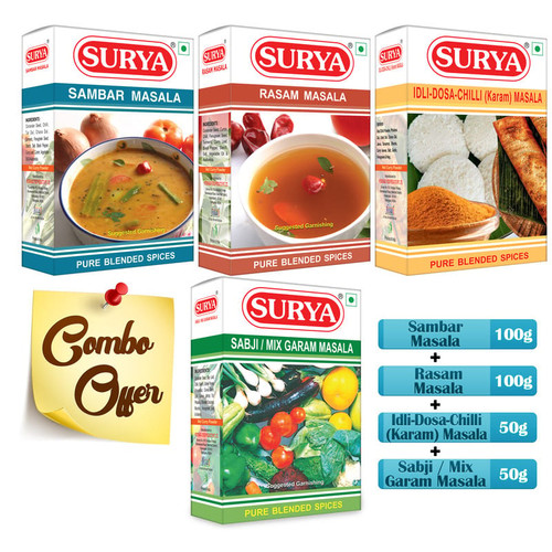 Sambar Masala 100g +  
Rasam masala 100g +        
Sabji masala / MGM 50g +  
Idli dosa karam 50g