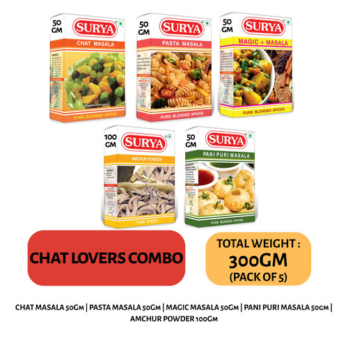 Chat Lovers Pack: Chat Masala 50g + Pasta Masala 50g + Magic Masala 50g + Pani Puri Masala 50g + Amchur Powder 100g