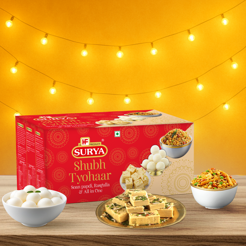 Surya Gift Box Shubh Tyohar with All-in-One Mix 200g, Soan Papdi 200g, Rasgulla 500g – perfect festive sweets hamper Surya Gift Box Shubh Tyohar with All-in-One Mix 200g, Soan Papdi 200g, Rasgulla 500g – perfect festive sweets hamper