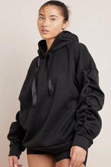 Ruched Sleeved Ribbon Plush Hoodie 