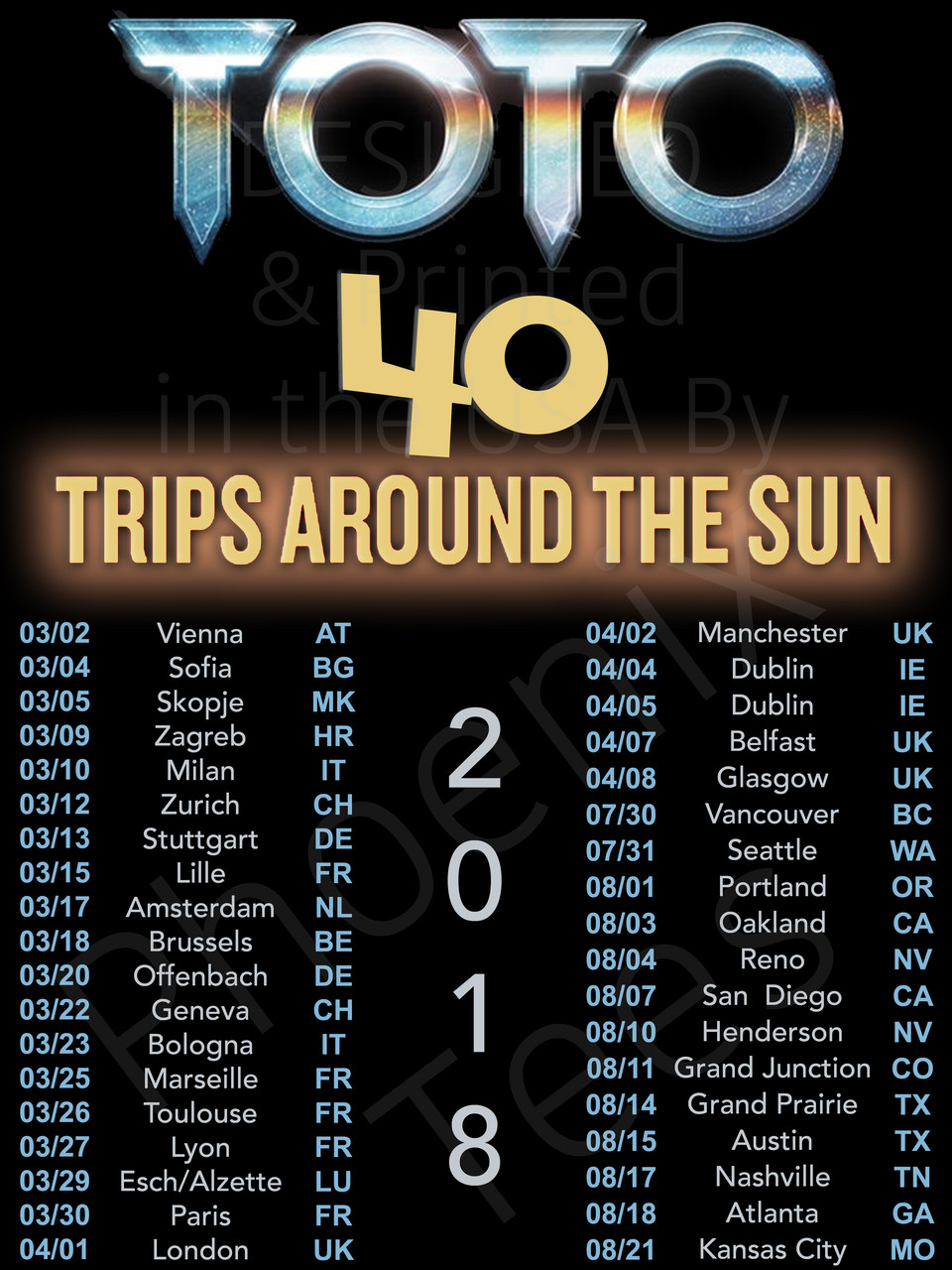 Toto 2018 40 Trips Around The Sun Concert Tour t shirt - Phoenix Tees