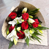  Red Rose and Lily Bouquet - WILL BE WRAPPED IN A FABRIC WRAP AS WE HAVE SOLD OUT OF THE WOVAN WRAP
