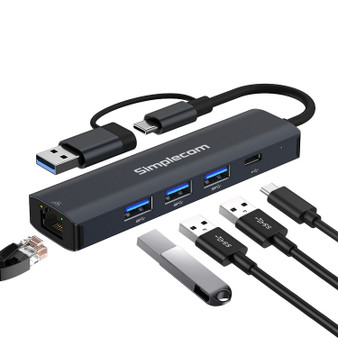 Simplecom CHN436 USB-C and USB-A to 4-Port USB HUB with Gigabit Ethern