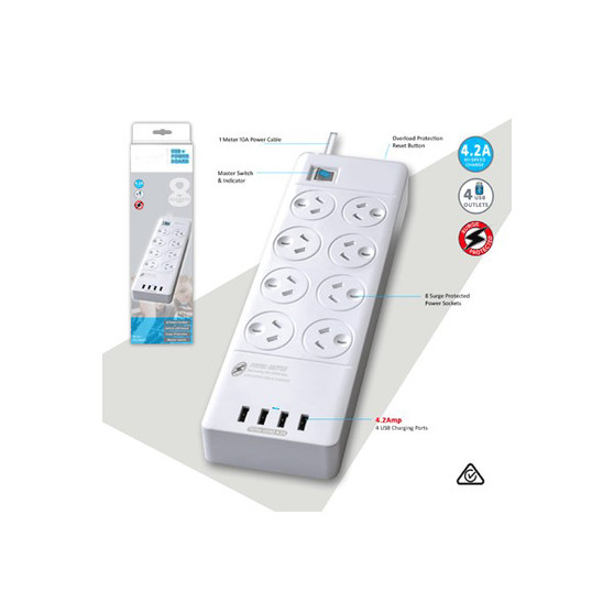 8 Way Surge Protected Power Board With 4 USB Chargers