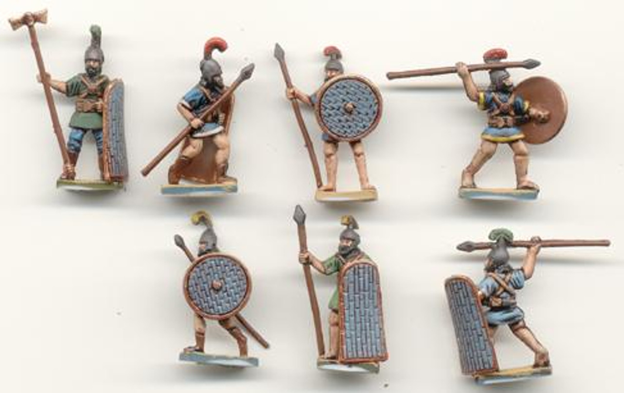 The Assyrian Allied/Auxiliary Infantry can be used as both allies and enemies against the Assyrians. Shown here are the Allied/Auxiliaries carrying the round and long reed shields. Anyone who keeps up with current news will know that the famous reed marshes exists to this day. The Allieds/Auxiliaries also used the regular long non-reed shield (4 of those are included in the box), and the small cone round shield (must be taken from the Assyrian Infantry box). The Officer/Infantryman carries another multi-purpose 2 ended mace/axe combination. This should be cut into 2 halves so the officer can have the choice of cleaving or clubbing his enemy to death. Both the Assyrian Infantry and the Allied/Aux boxes have all 4 weapons plus an extra spear so each officer/infantryman has the choice of 5 weapons.