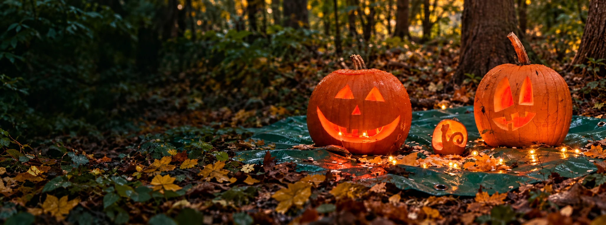Glowing Halloween pumpkins on a green tarpaulin in an autumn woodland