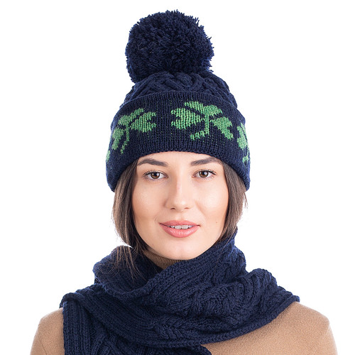 Aran Uneven Wool Cable Bobble Hat Green - Aran Accessories