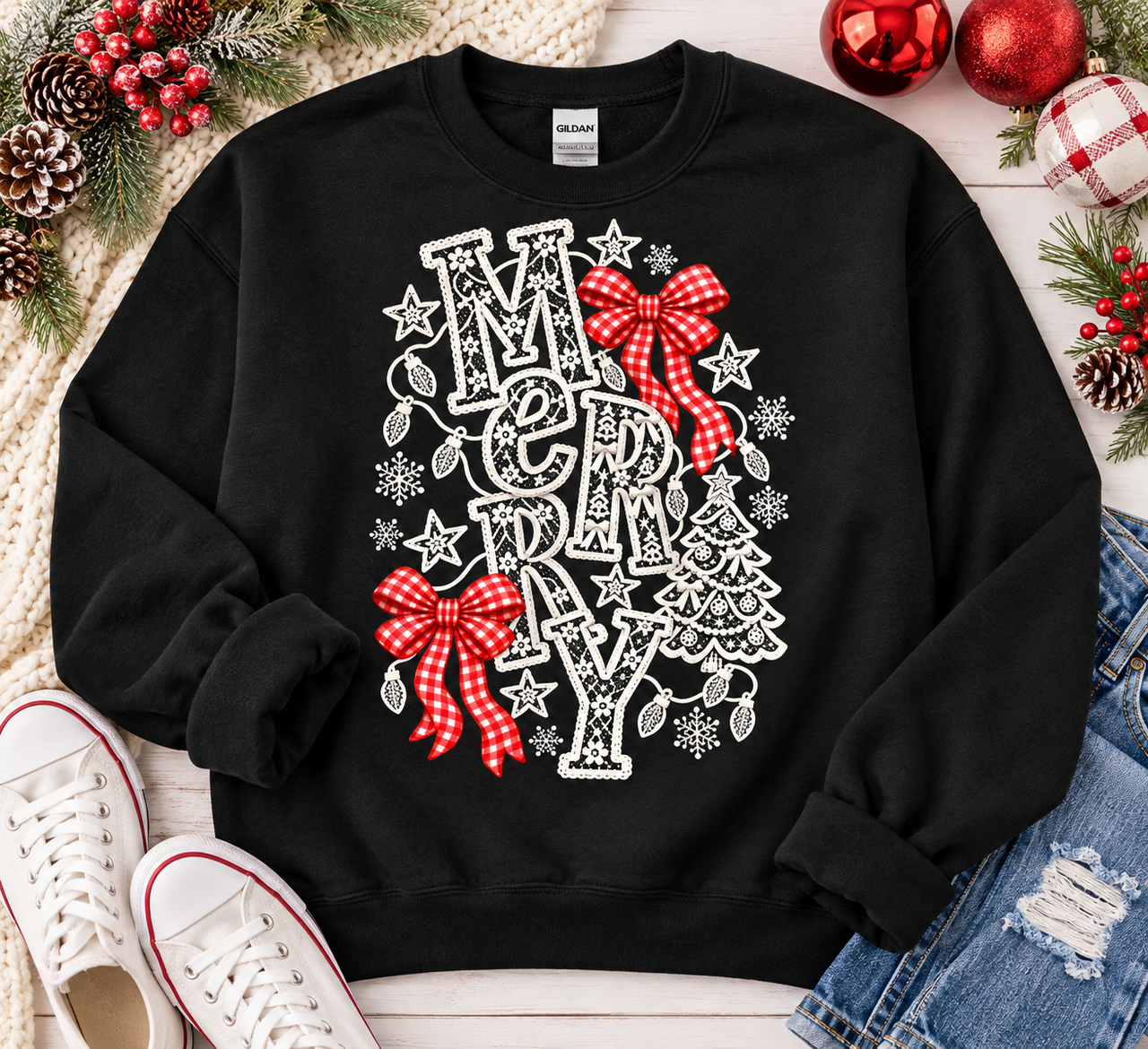 Faux Lace Merry Christmas Sweatshirt
