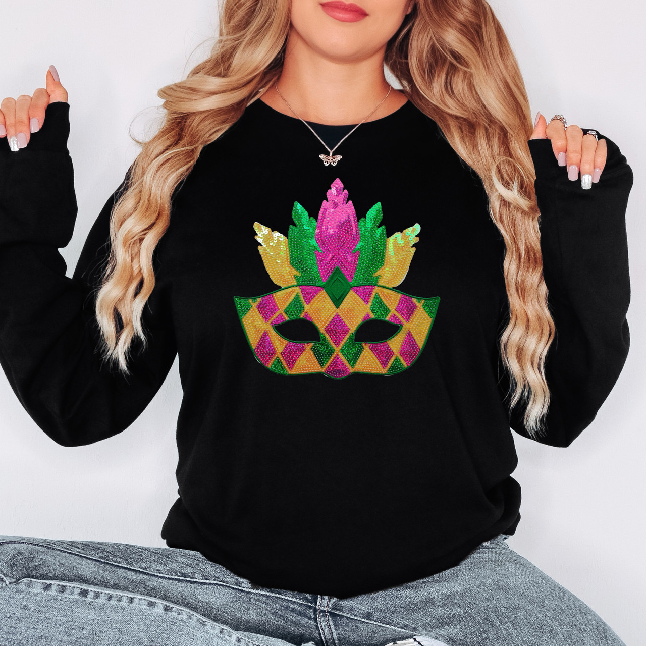 Mardi Gras Mask Sequin Patch Everyday Long Sleeve Tee