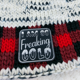Buffalo Plaid CC Pom Beanie with Black and Silver I Am So Freaking Cold Faux Leather Patch