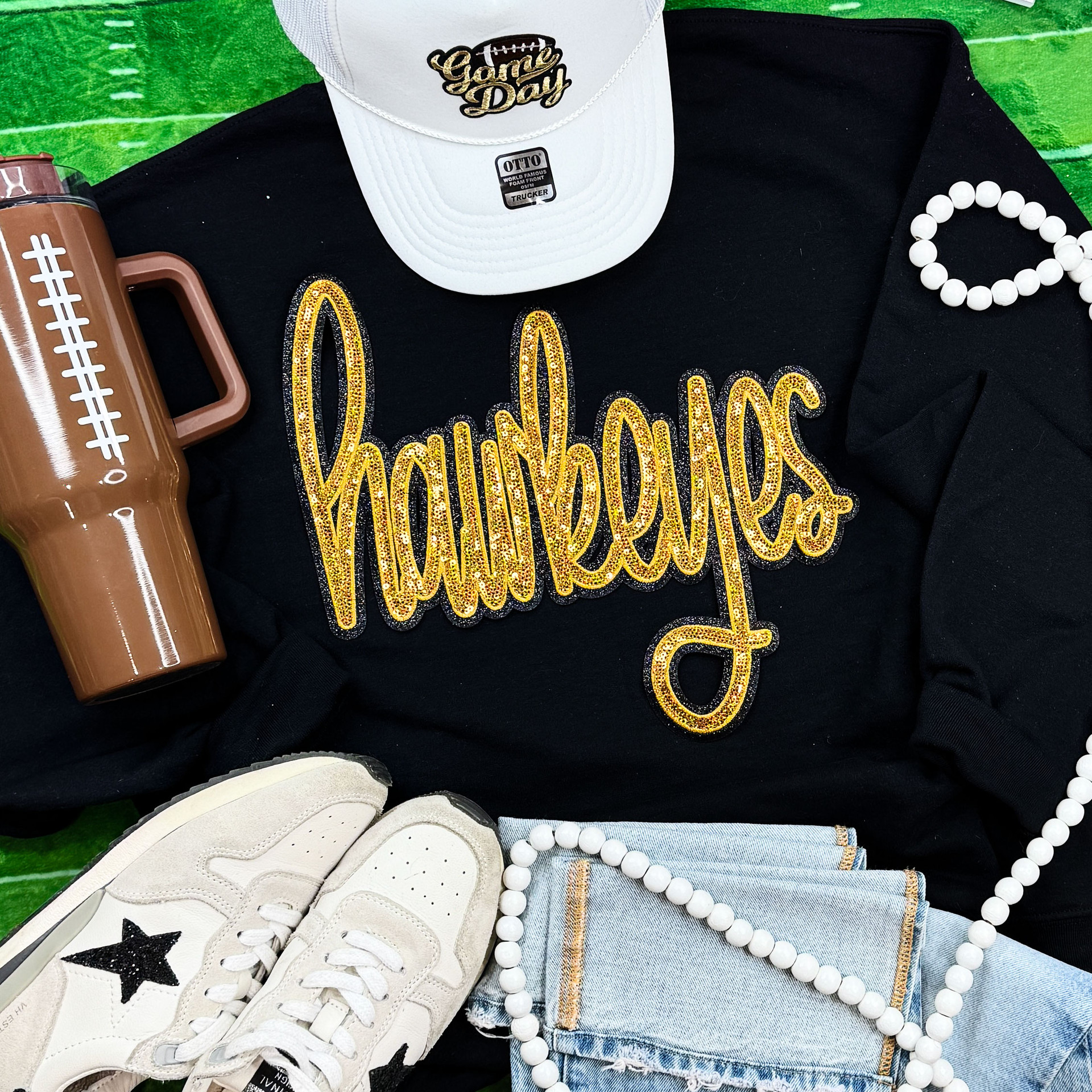 Hawkeyes Gold Sequin Patch Black Crewneck Sweatshirt