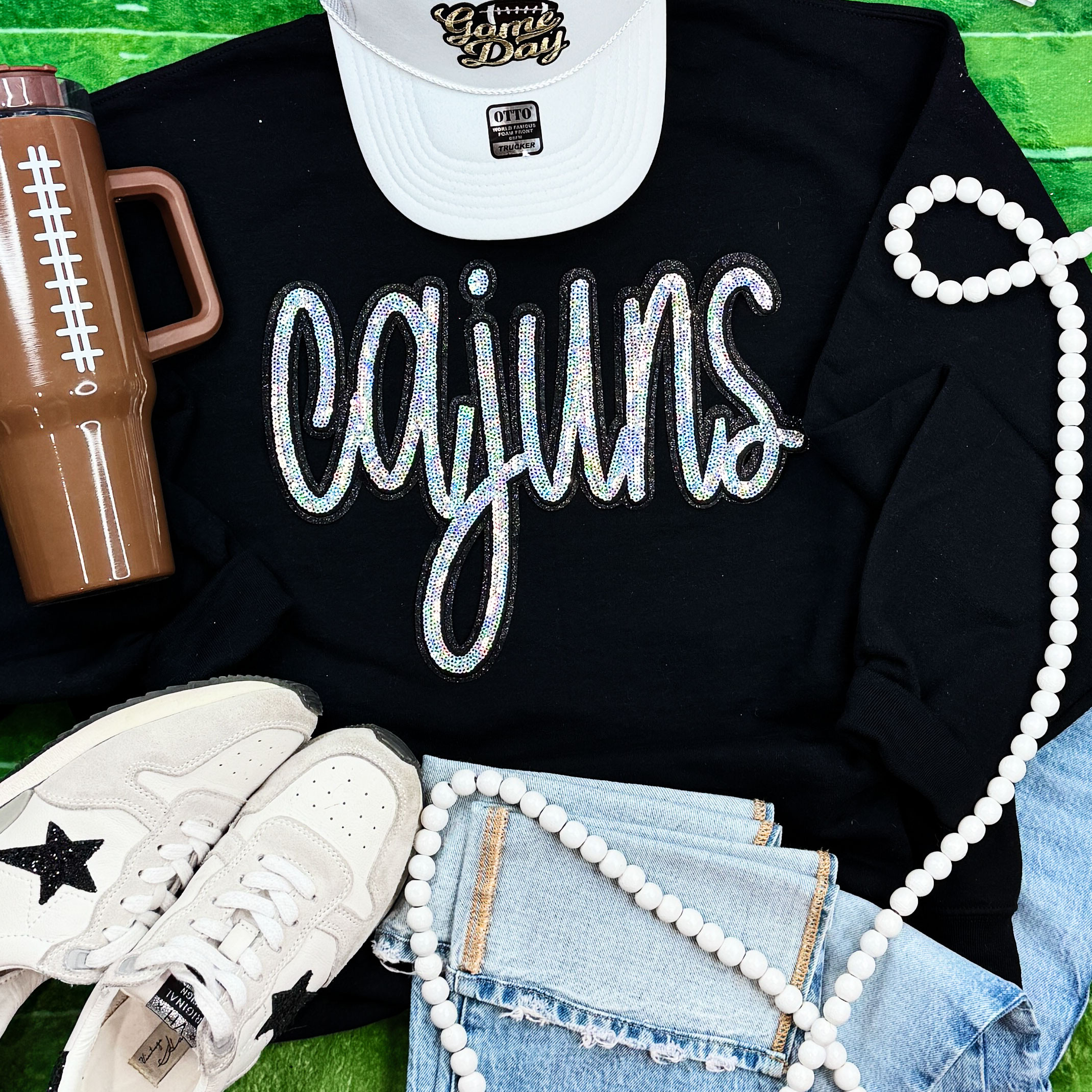 Cajuns Sequin Patch Black Crewneck Sweatshirt