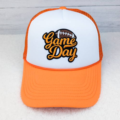 Orange and White Trucker Cap With FOOTBALL Embroidered Game Day Patch