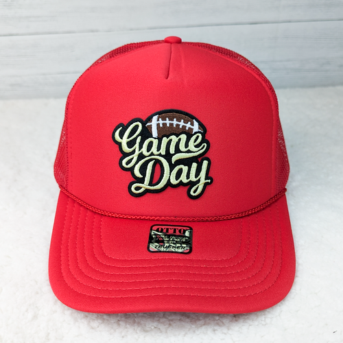 Red Trucker Cap With FOOTBALL Embroidered Game Day Patch