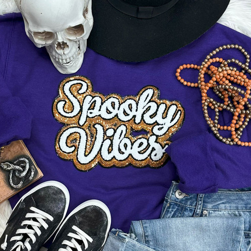 Spooky Vibes Sequins and Chenille Patch Crewneck Sweatshirt