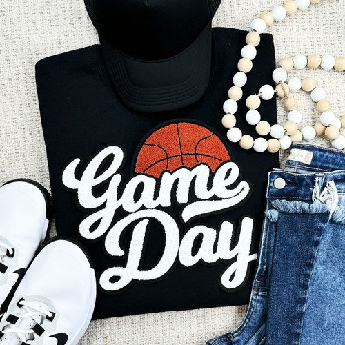 Basketball White Game Day Chenille Patch Crewneck Sweatshirt