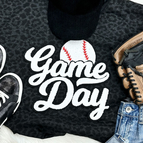 Baseball White Game Day Chenille Patch Black Leopard Tee
