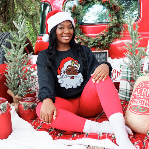 DARK SKIN Red Santa Chenille Patch Black Crewneck Sweatshirt