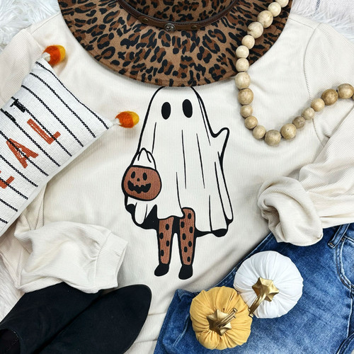 Ghost With Pumpkin Bucket Trendy Ribbed Crewneck Soft Cream