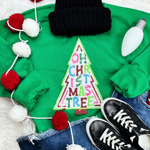 Sequin Christmas Tree Chenille Irish Green Crewneck Sweatshirt