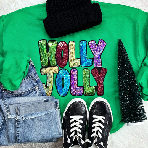 Sequin Holly Jolly Chenille Irish Green Crewneck Sweatshirt