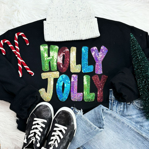 Sequin Holly Jolly Chenille Black Crewneck Sweatshirt