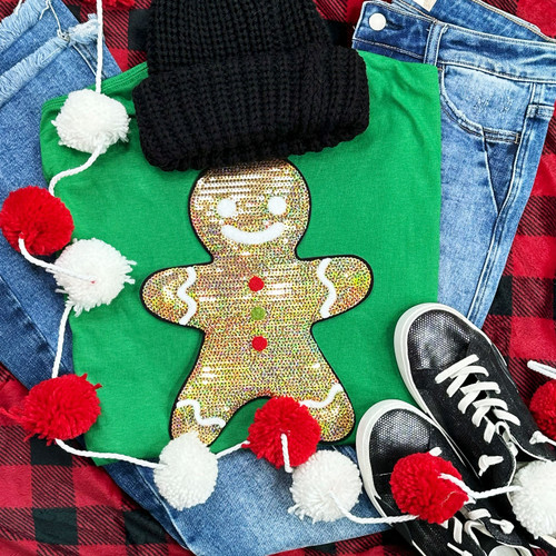 Sequin Gingerbread Man Green Everyday Tee