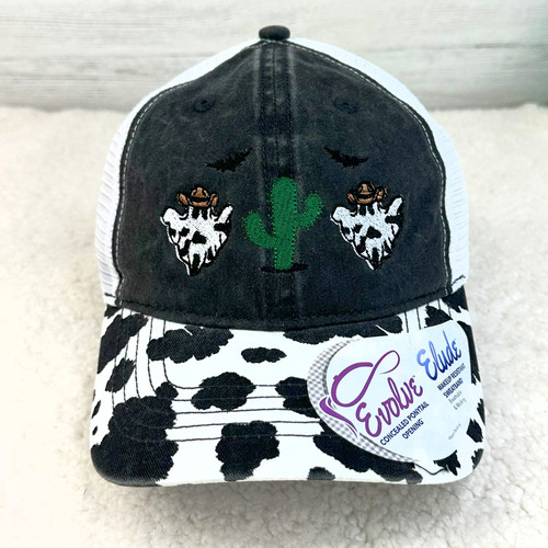 Embroidered Ghosts on Cow Print Denim Cap