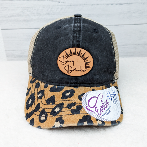 Day Drink Leather Patch on Leopard Print Denim Cap