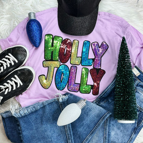 Sequin Holly Jolly Chenille Patch Lilac Everyday Tee
