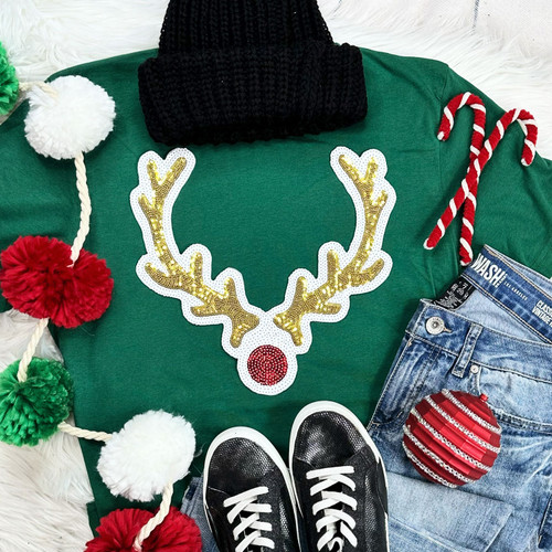 Reindeer Sequins Chenille Patch Grass Green Everyday Tee