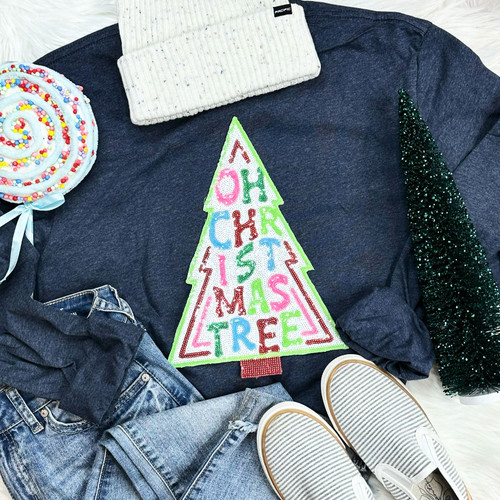Sequin Christmas Tree Patch Everyday Long Sleeve Tee