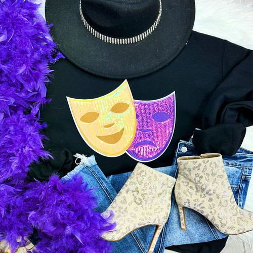 Mardi Gras Sweatshirt with Smiley Sequin Patches (Each) – Mardi